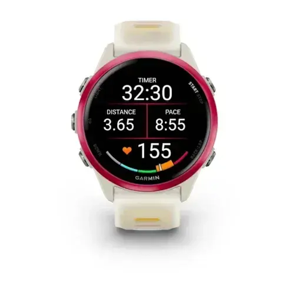 Умные часы Garmin Forerunner 570 - 42 мм Малиновый алюминий с полупрозрачным ремешком цвета слоновая кость/манго