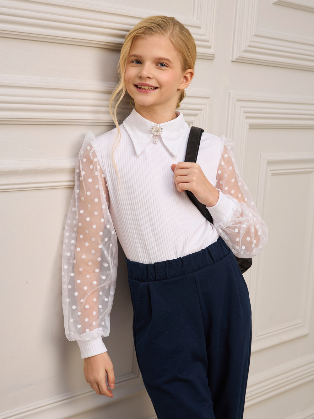 Блузка школьная для девочки с длинным рукавом белая