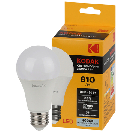 Лампа светодиодная Kodak LED A60-9W-840-E27 K 9Вт груша нейтральный белый свет Е27