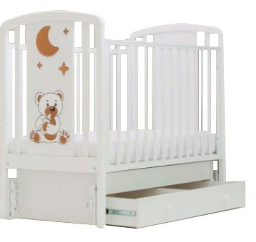 Детская кроватка Angela Bella Жаклин Мишка с соской (маятник универсальный) 120х60см белая
