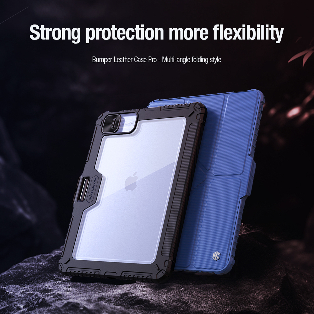 Чехол книжка синего цвета от Nillkin для Apple iPad Pro 11 с 2024 года, серия Bumper Pro Case-Multi Angle Folding Style, многофункциональный складной стиль