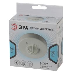 Датчик движения ЭРА MD 017 белый, макс. нагрузка 1200Вт, угол обзора 180-360гр, дальность 12м | Датчики движения