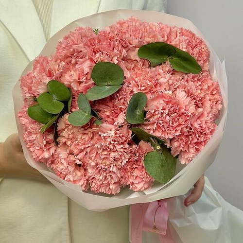 Монобукет из 25 пышных коралловых гвоздик (диантусов) с эвкалиптом. Монобукет 065 Chalet Green