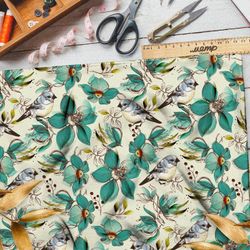 Ткань таффета бирюзовые цветы с птицами