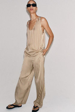 ZARA БРЮКИ BALLOON В ПОЛОСКУ ZW COLLECTION, ЭКРЮ/ГРАНАТОВЫЙ