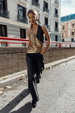 ZARA ТОП С ГОРЛОВИНОЙ ХАЛТЕР И ПАЙЕТКАМИ, ЗОЛОТОЙ