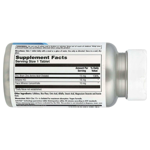 KAL, Цинк 15+ с гидрохлоридом бетаина и микроэлементами, 100 таблеток