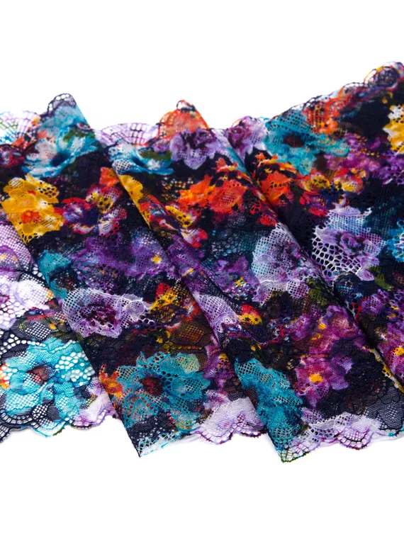 03-234 Кружево эластичное 22 см, garden, черный/фиолет/лиловый/голубой