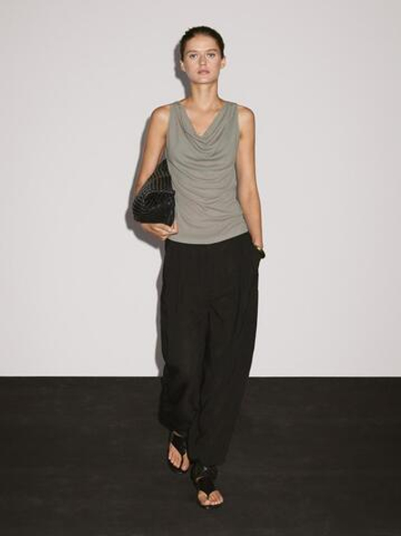 Massimo Dutti Топ с открытыми плечами, пастельно-зеленый