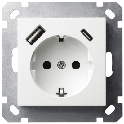 Розетка SCHUKO© с USB A+C с защитными шторками 16A 250V~ 2P+T USB 25W, цвет белый глянцевый
