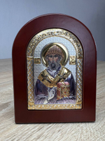 Спиридон, икона арочная, красное дерево, эмаль 86х112
