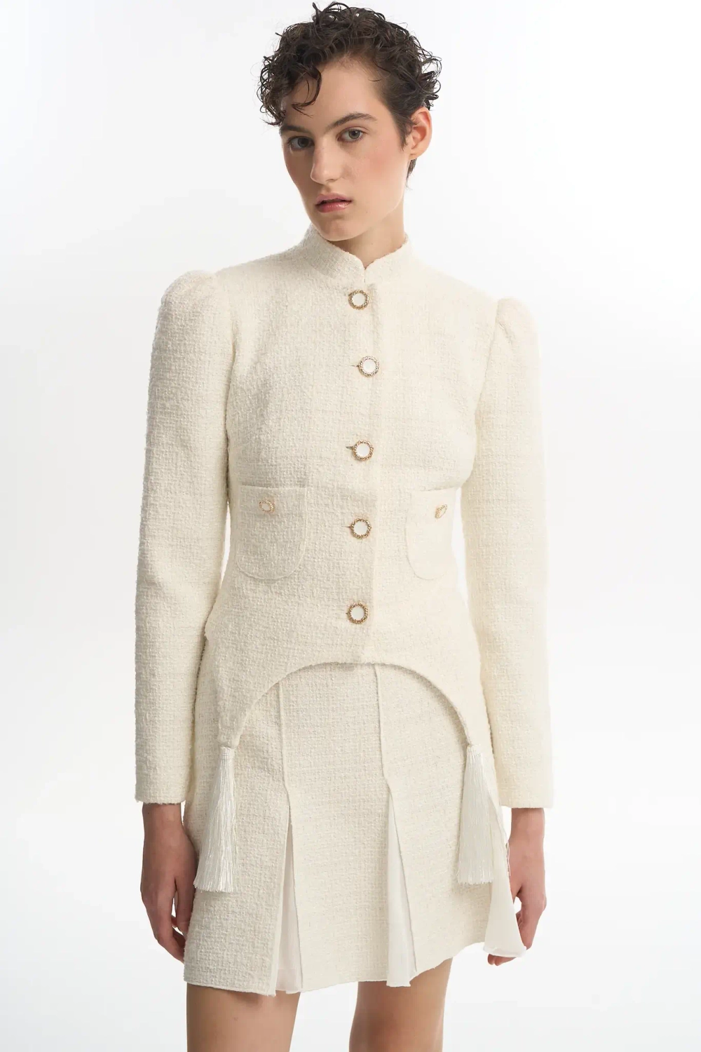 Жакет с кисточками твидовый белый