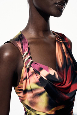 ZARA ПЛАТЬЕ МИДИ С ПРИНТОМ И АППЛИКАЦИЕЙ, РАЗНОЦВЕТНЫЙ