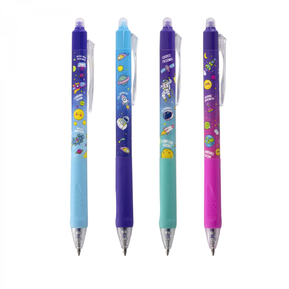 Ручка гелевая пиши-стирай, автоматическая Yalong, "Космопланеты" 0,5 мм, синяя, резин. грип, круглый цв. пластик. корпус, пласт. уп.