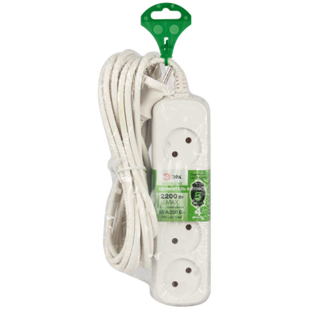Удлинитель электрический ЭРА UDL-10-450 Greenline 4 розетки без заземления 5м ПВС 2x0.75мм2
