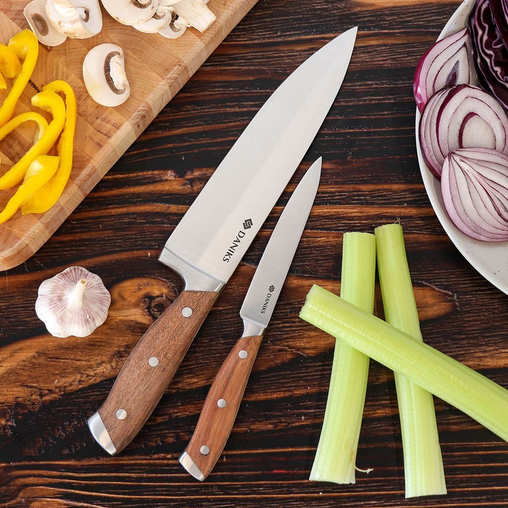 Набор ножей 2 пр, 20;12.5 см, нерж сталь, рук каучук дерев, Daniks, Wood, 1609392