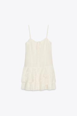 ZARA КОРОТКОЕ ПЛАТЬЕ С ВОЛАНАМИ, ЭКРЮ