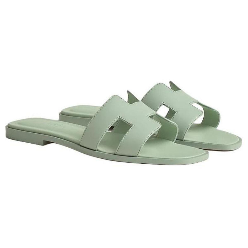 Hermes Oran flat-bottomed open-toed slippers women's green, H202230Z 6A