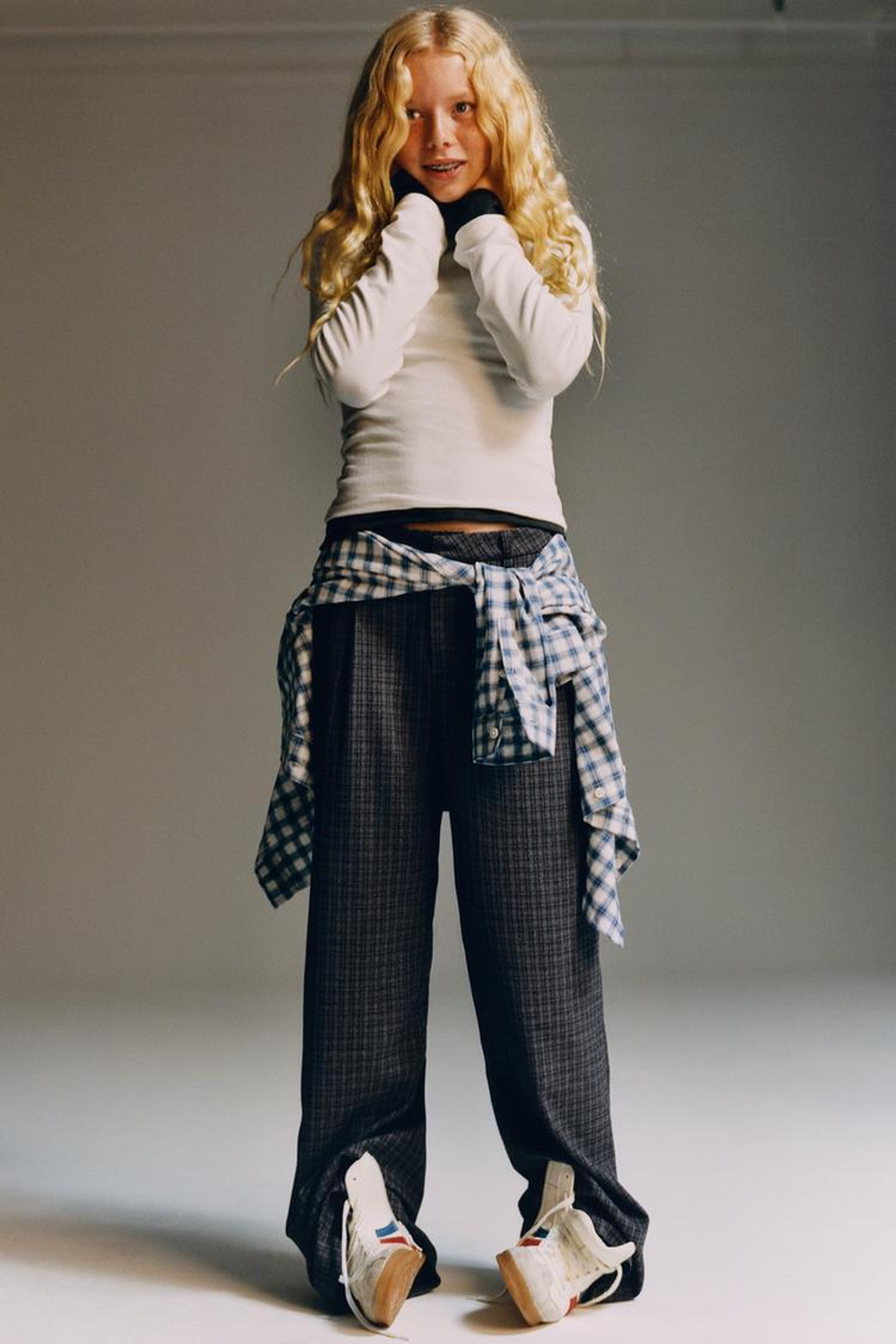 ZARA БРЮКИ В КЛЕТКУ НА ШНУРКЕ, СИНИЙ