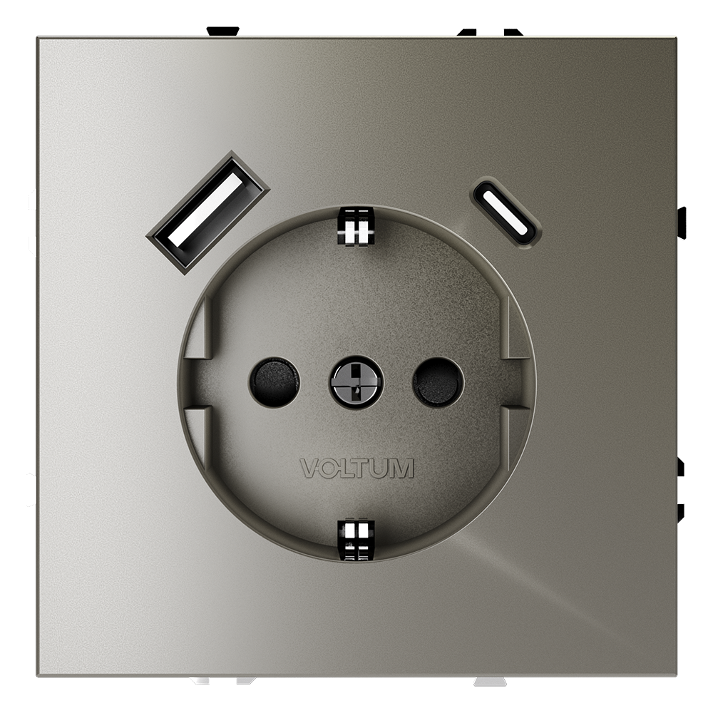 Розетка встраиваемая VOLTUM S70 с заземлением и защитными шторками, 16А, с USB, A+С, (шелк)
