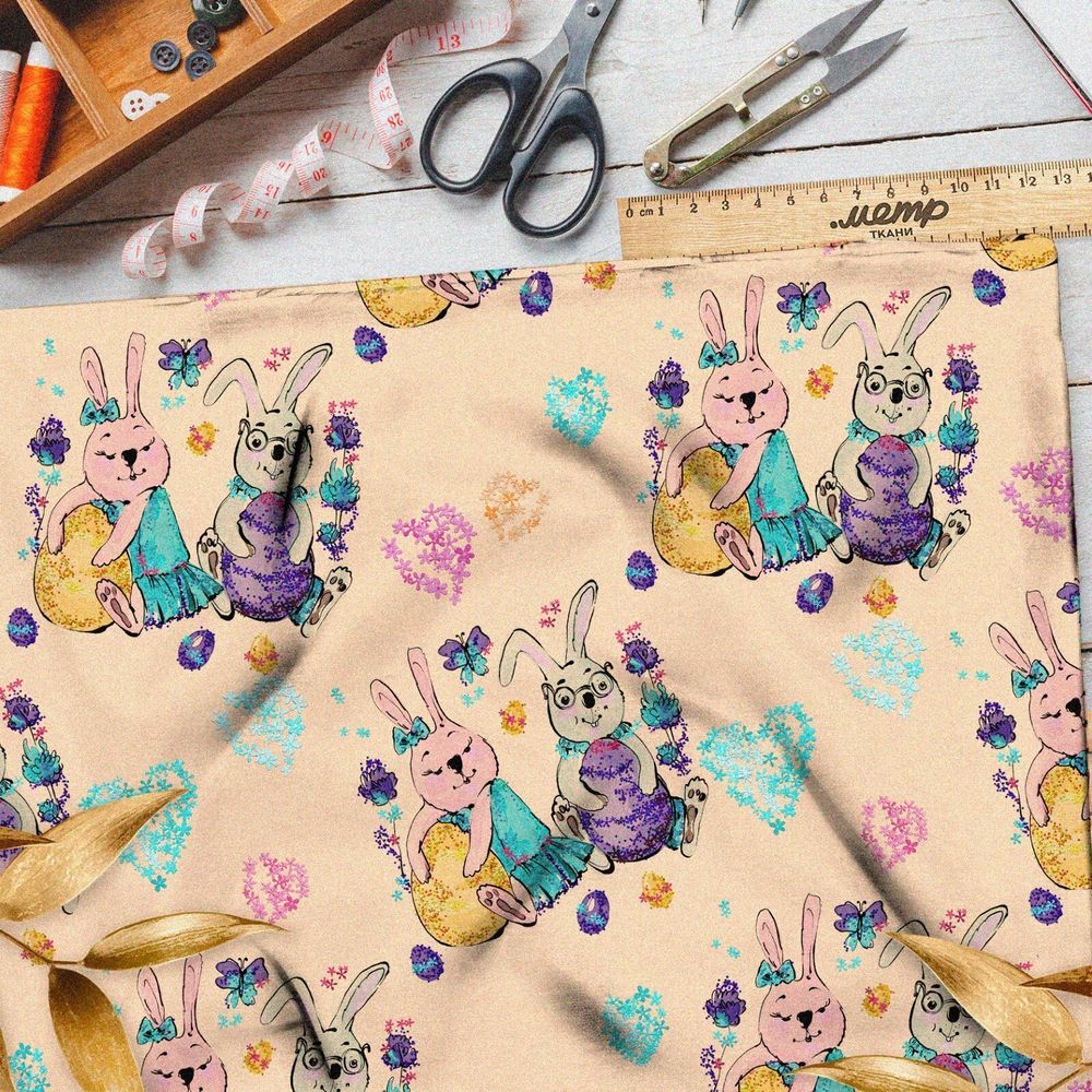 Ткань оксфорд 600 пасхальные кролики с сердечками