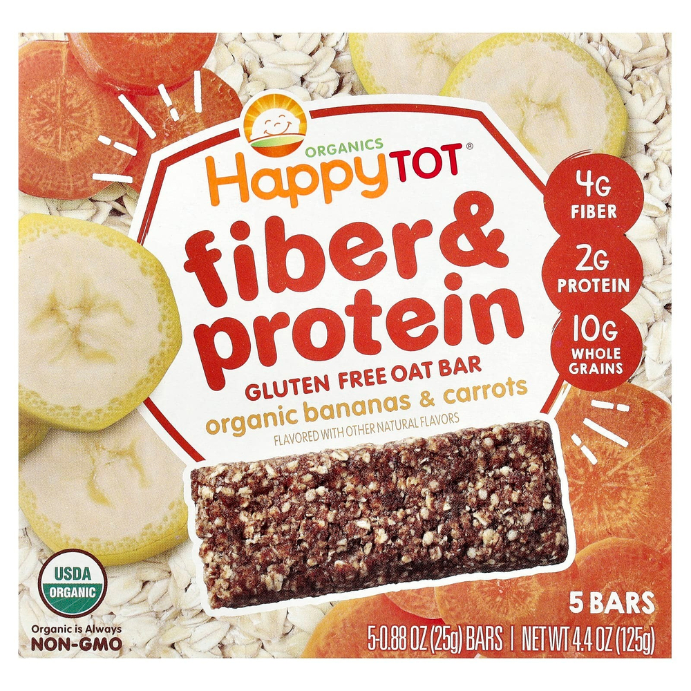 Happy Family Organics, Organics HappyTot®, овсяный батончик с клетчаткой и протеином, органические бананы и морковь, 5 батончиков, 25 г (0,88 унции)