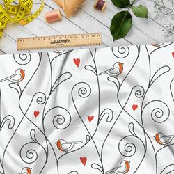 Ткань муслин снегири и завитки на белом фоне