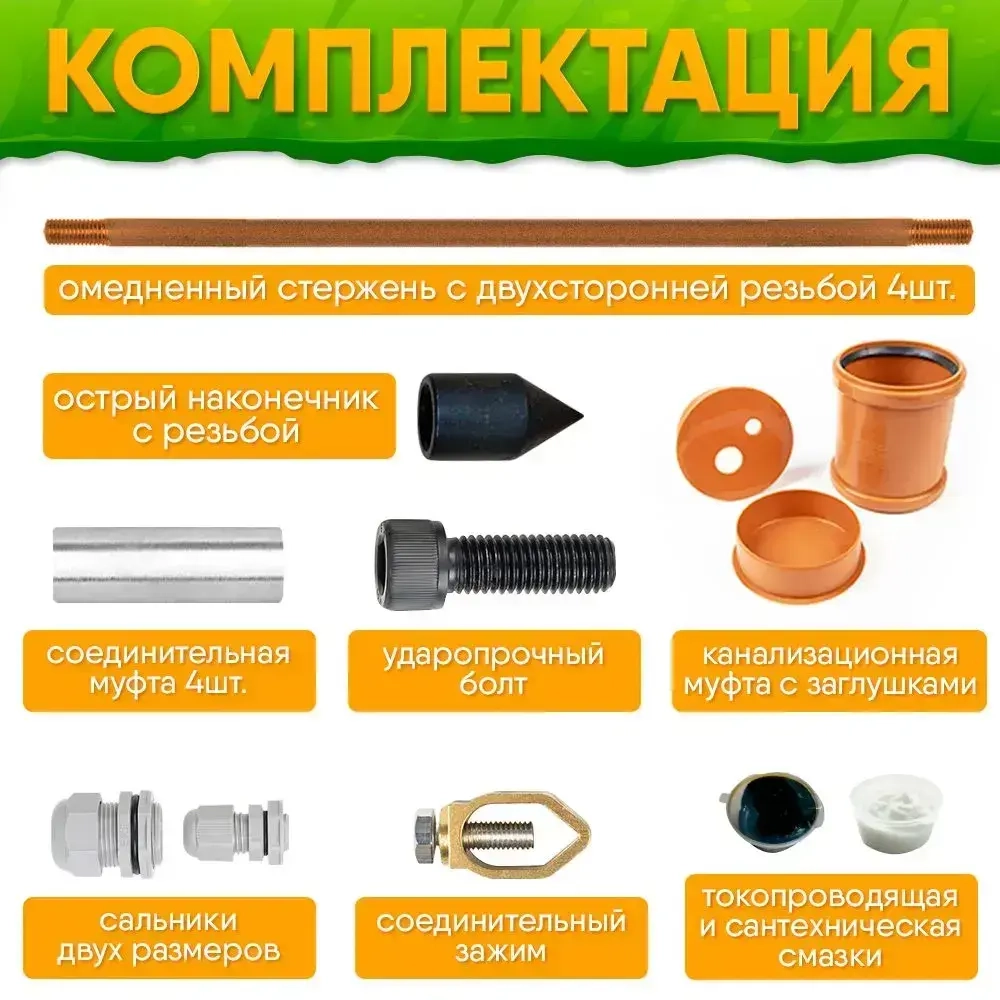 Комплект заземления для дома 6 м из омедненной стали диаметром 16мм