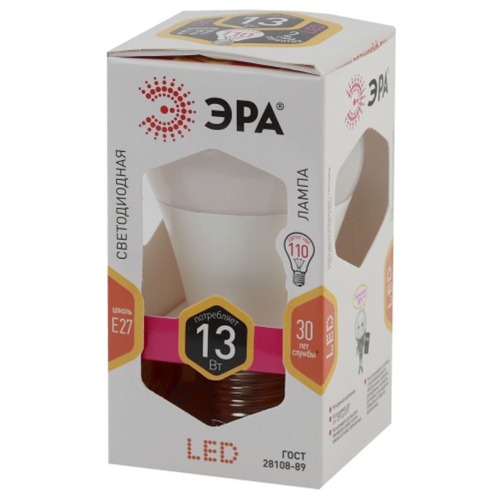 Лампа светодиодная ЭРА STD LED A60-13W-827-E27 13Вт груша теплый белый свет Е27 | Лампы cветодиодные Груша (A)