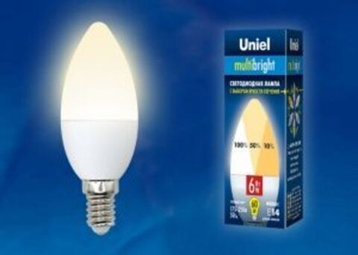 Лампа сд LED-СВЕЧА C37 6Вт 220В Е14 3000К 510Лм с 3-х ступенчатым диммером UNIEL Multibright