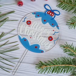 Топпер «Merry Christmas» новогодний шарик (прозрачный с белой надписью)