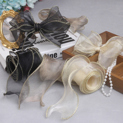 Лента декоративная (4 см*9,14 м) Органза с леской, Золотая кайма, Кремовый, 1 шт.