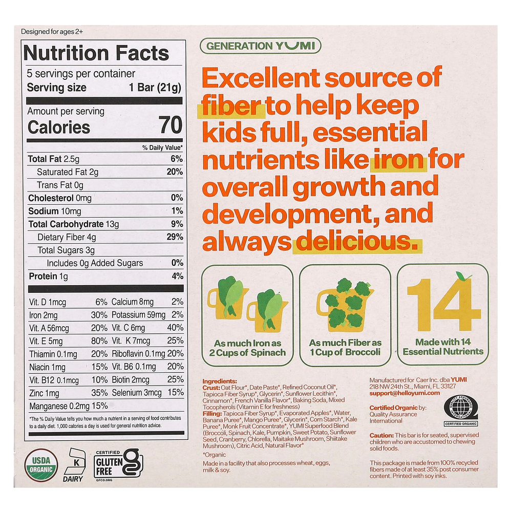 Yumi, органический батончик, для малышей, с манго и кудрявой капустой, 5 шт. по 21 г (0,74 унции)