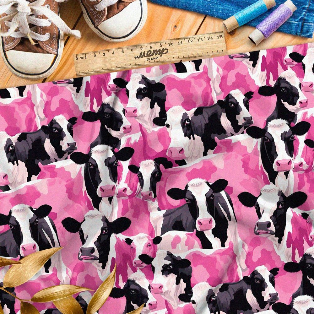 Ткань премиум шелк искусственный Армани коллаж из розовых коров