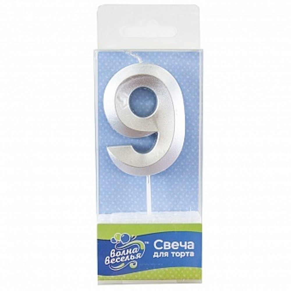 Свеча Цифра 9 Грани Серебро Металлик 6 см.