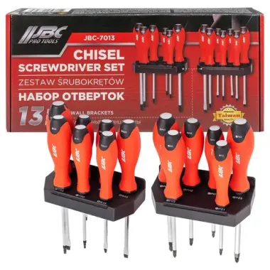 Набор отверток сил.магн.13пр (SL:3.5x100,4x100,5.5x100,6.5x100, 8х150,РН:1х100,2х125,3х150,PZ:1х100,2х125,3х150,Т:20х100,25х125) с настен.кронштейном JBC JBC-7013