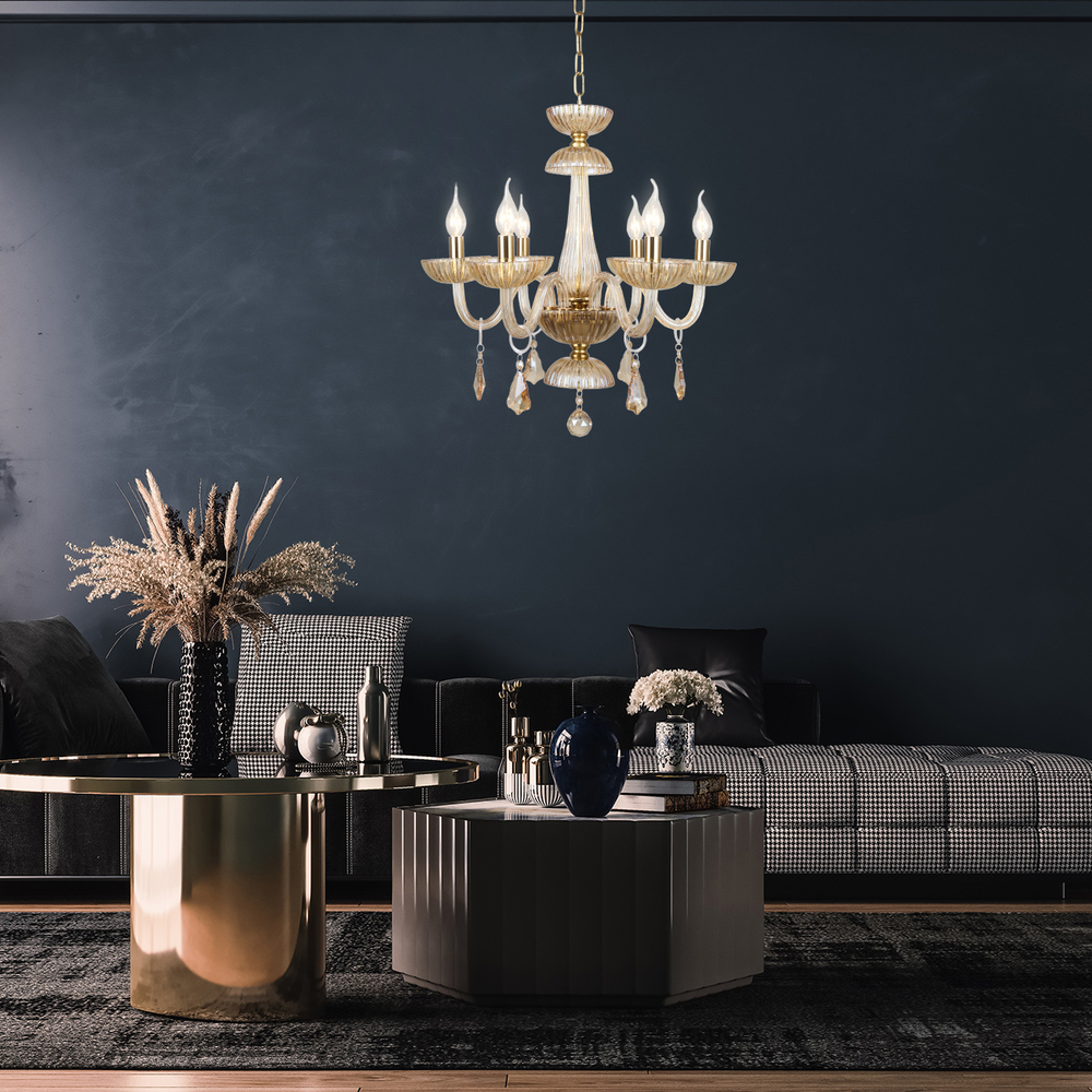 Люстра подвесная 6x40Вт Е14, металл/стекло/хрусталь, золото/янтарный