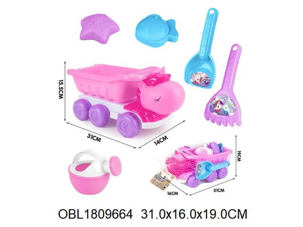 Набор для игры в песок 6 предм. Самосвал, совок, грабли, лейка, 2 формочки, сетка OBL1809664