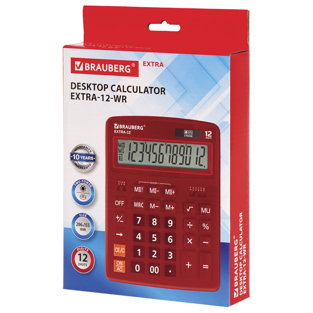 Калькулятор настольный BRAUBERG EXTRA-12-WR (206x155 мм) 12 разрядов двойное питание малиновый