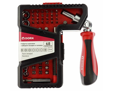Храповая отвертка DORN с набором насадок и головок 68 предметов