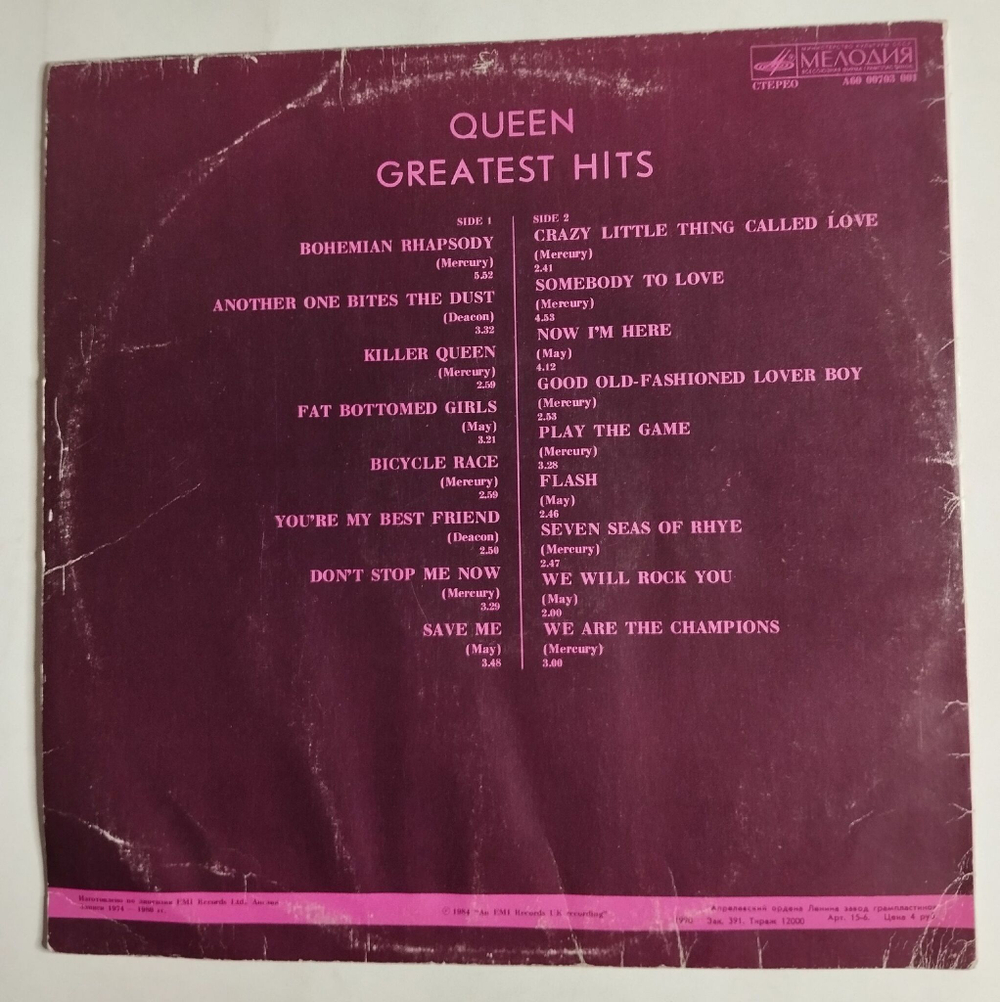 Винтажная виниловая пластинка LP Queen Greatest Hits (СССР 1990)