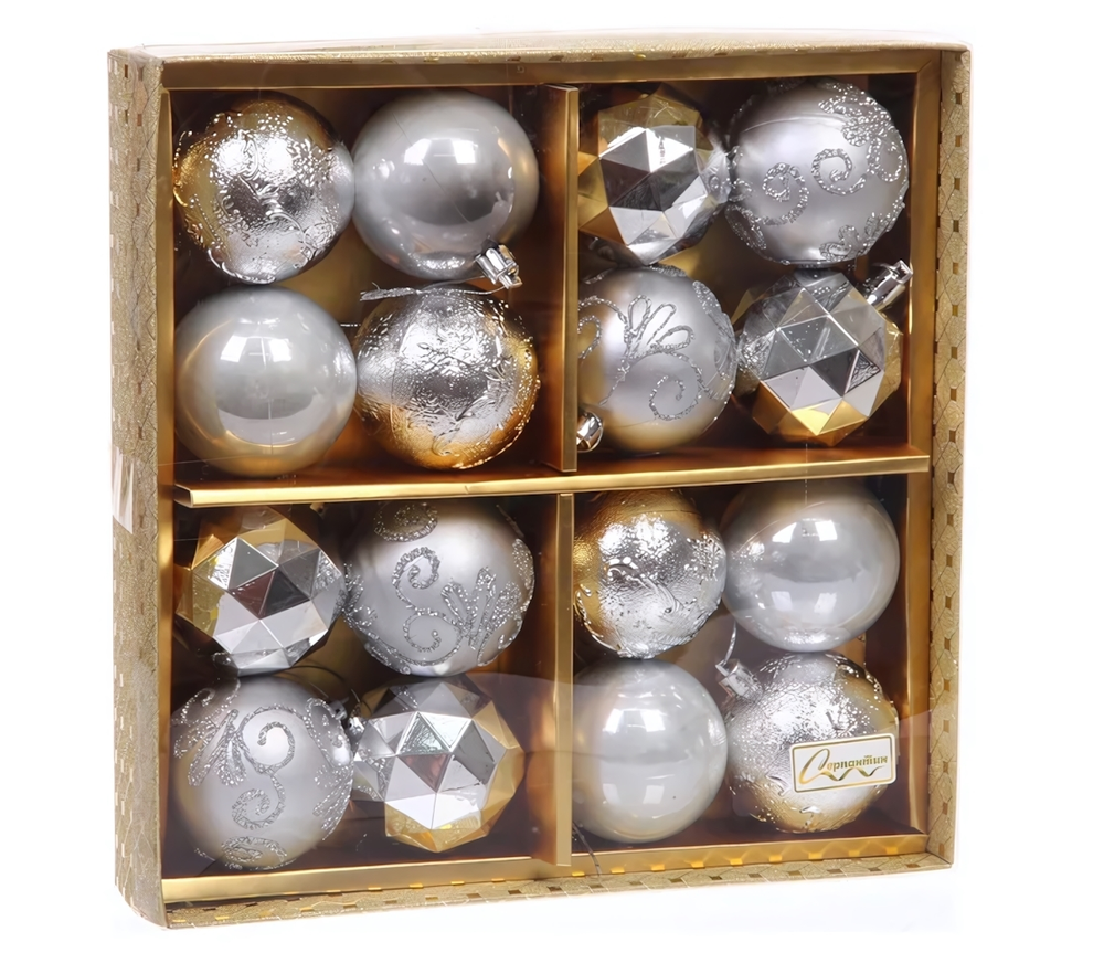 Новогодние шары "Зимняя вечеринка" 6 см (набор 16 шт), Серебро (Серпантин)