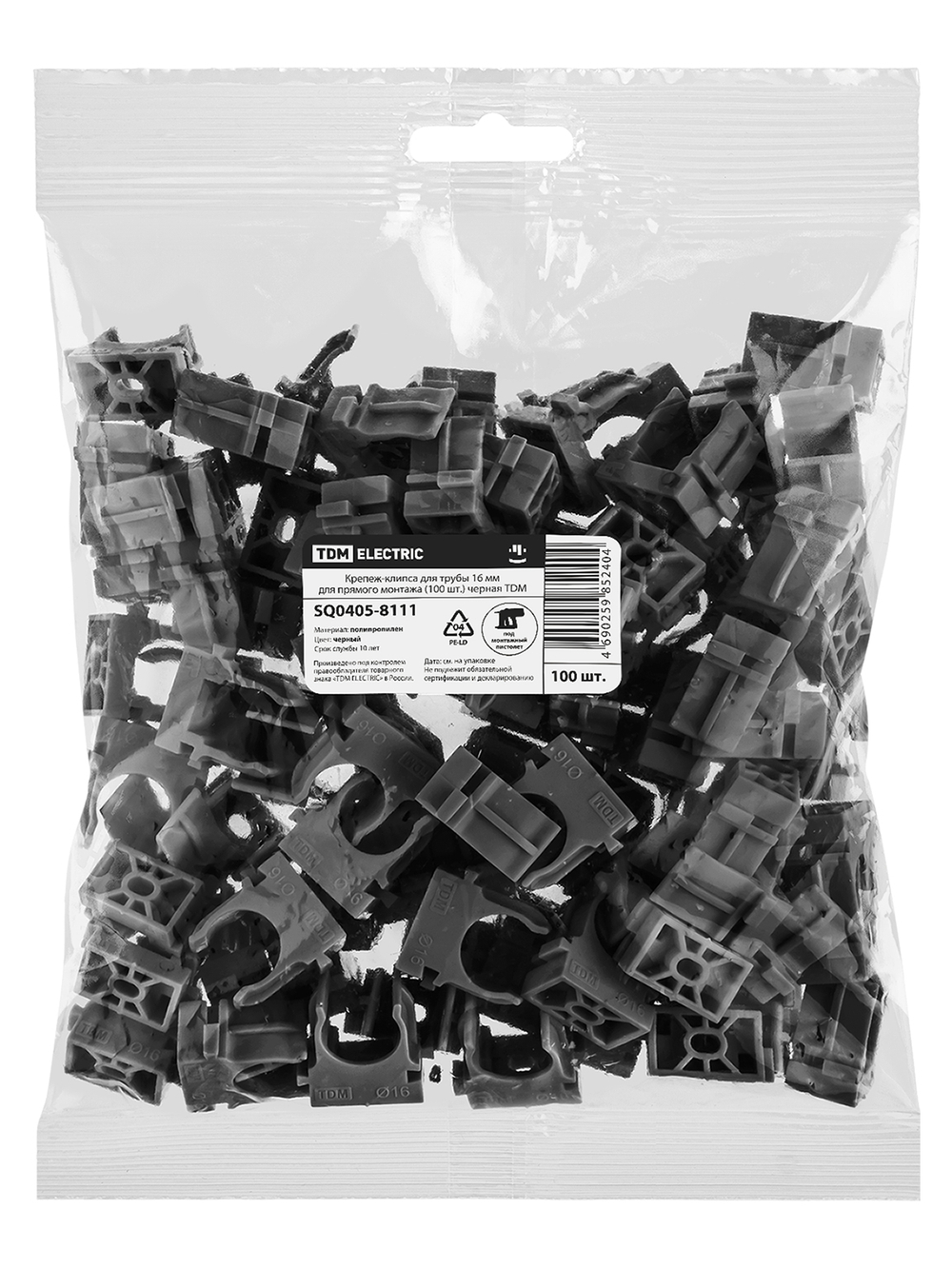 Крепеж-клипса для трубы 16 мм для прямого монтажа (100 шт.) черная TDM