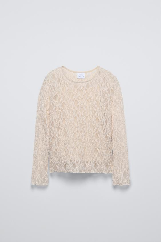 ZARA КРУЖЕВНАЯ ФУТБОЛКА, ЭКРЮ