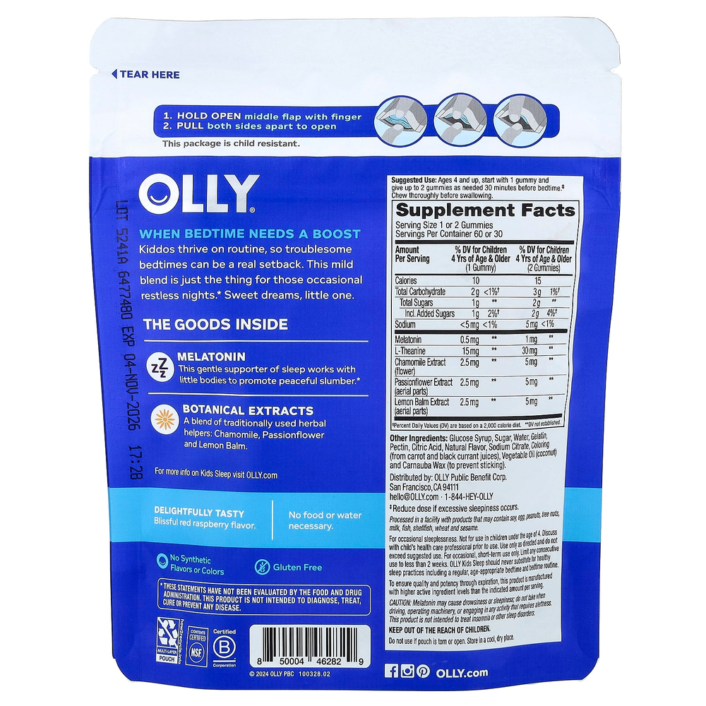 OLLY, детские жевательные таблетки для сна, со вкусом малины, 60 жевательных таблеток