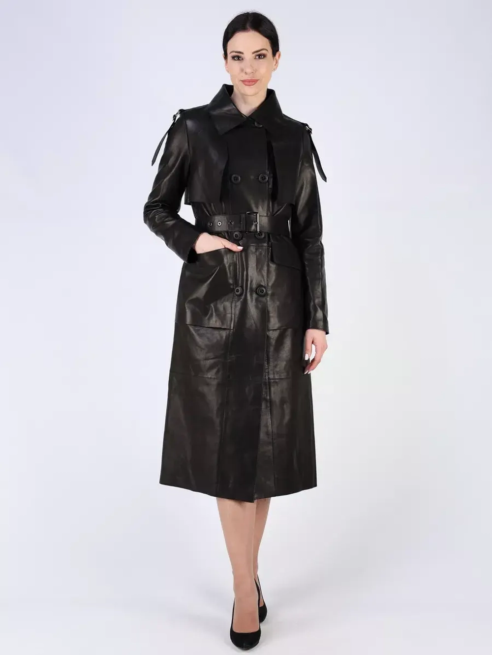 Кожаный тренч длинный с поясом плащ на осень