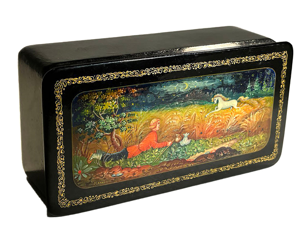 Шкатулка Конек-горбунок. художник Ручкин К. Мстера. 1950-е гг. Папье-маше, лаковая миниатюра