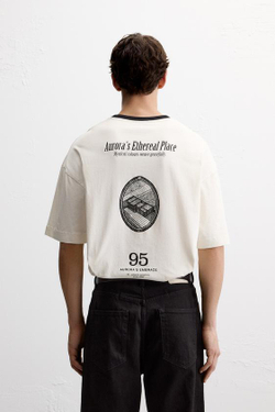 ZARA ФУТБОЛКА С КОНТРАСТНЫМ ПРИНТОМ, ЖЕЛТОВАТО-БЕЛЫЙ