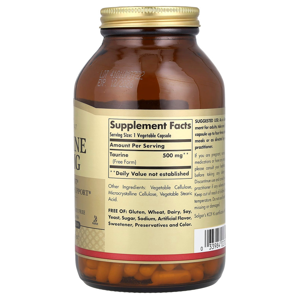 Solgar, таурин, 500 мг, 250 растительных капсул