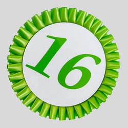 Номер участника, крепление в ассортименте. Диаметр 115 мм. с плиссе. Цвет номера и плиссировки ЗЕЛЕНЫЙ.